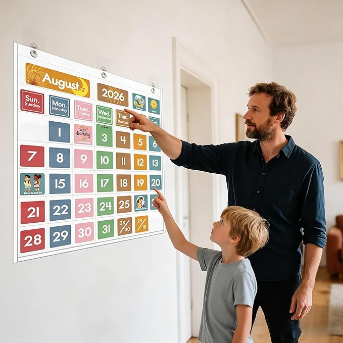 46 Pockets Classroom Calendar Pocket Chart with 77 Cards, Daily Monthly Learning Calendar for Circle Time Weather Seasons, Preschool Kindergarten Homeschool Must Have, Teacher Essential Supplies White