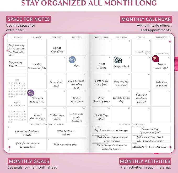 Legend Dated Hourly Weekly Planner 2026 – Daily, Monthly & Yearly Agenda with Time Slots – Hardcover Organizer Journal, 5.8x8.3” (Hot Pink)