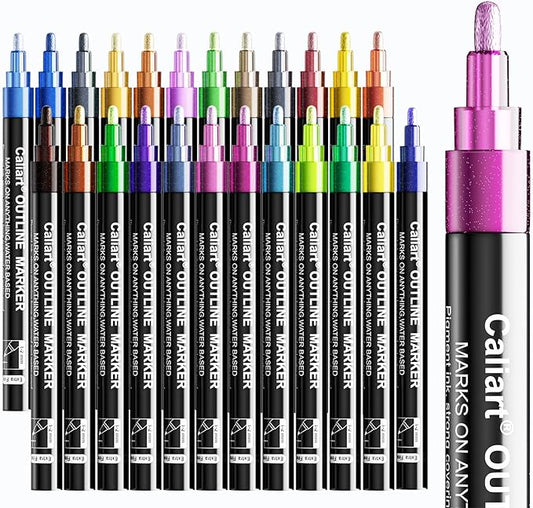 Caliart 24 Colors Outline Markers Shimmer Glitter Pens, Doodling Marker Set for Adults Artists, Cool Fun Craft Drawing Art Supplies
