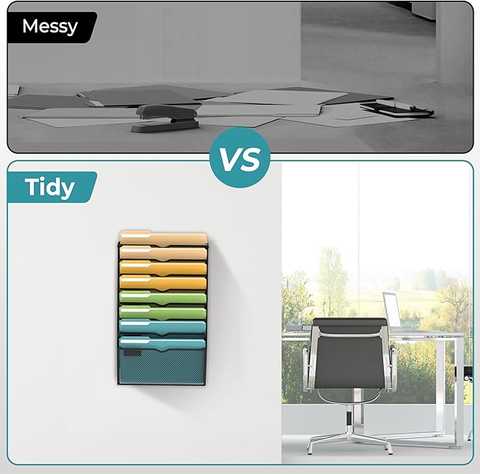 SUPEASY 8 Tier Wall File Organizer, Hanging Wall Mounted Mail Organizer with Label Slots, Metal Mesh File Holder Magazine Rack for Office, Home, School or Classroom, Black