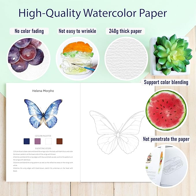 CraftyManor 2Pcs Watercolor Workbook Creative Water Color Paint Book Set with Paints & Brush, 12 Patterns of Original DIY Designs, Beginner-Friendly Adult Coloring Books (Butterfly & Succulent)