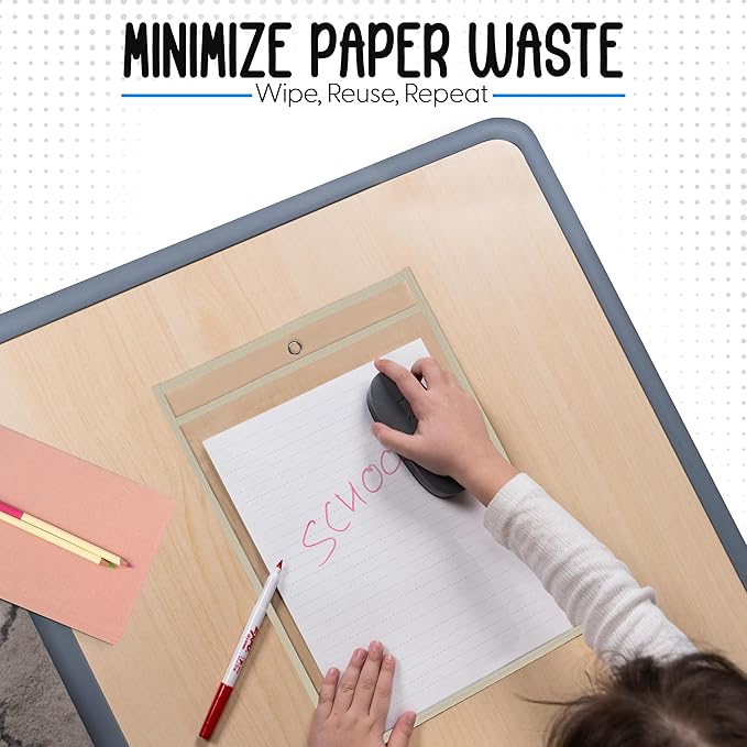 Essex Wares - 6 Pack, Beige, Durable Water-Resistant Dry Erase Pocket Document Protectors, 10" Wide x 13.5" Tall - Dry Erase Clear Plastic Sleeves - Reusable & Easy Erase Plastic Invoice Holders