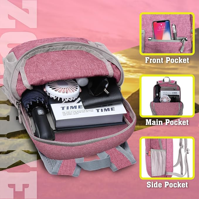 ZOMAKE Lightweight Packable Backpack, 10L Small Foldable Daypack for Hiking | Water Resistant Collapsible Backpacks for Women Men, Everyday Carry, Multi Compartment Storage, Adjustable Strap(Pink A5)