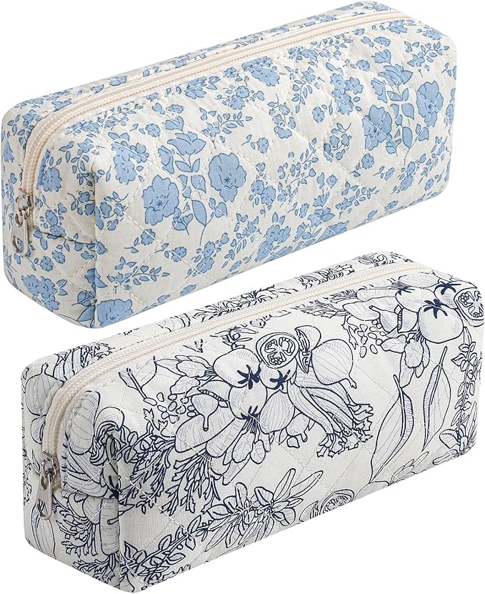 Cute Floral Cotton Makeup Brush Cosmetic Bag for Women, Travel Quilted Zipper Make Up Bag, Flowers Toiletry Organizer Case Kawaii Makeup Cosmetic Travel Cloth Pouch (Blue+Navy Blue)