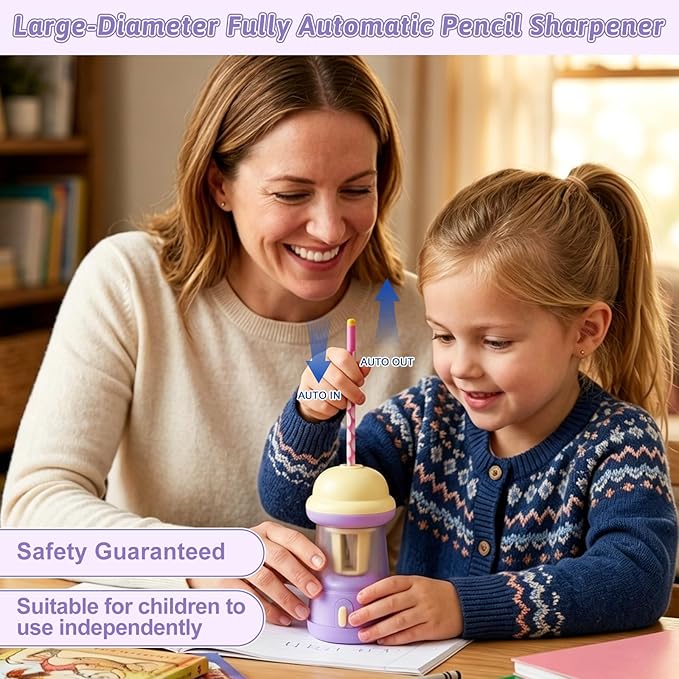 Rechargeable Electric Pencil Sharpener, 6-12mm Auto in & Out Fully Automatic Pencil Sharpener for Kids, Large Capacity Battery Powered, with Cartoon Stickers Ideal for Classroom & Home (Yellow-purple)