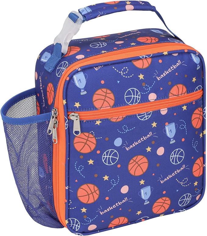 Bagseri Kids Lunch Box for Boys - Insulated Toddler Lunch Bag Fits Bento Box, Reusable Daycare Cooler Tote with Clip Handle, Water-Resistant Lining, Blue Basketball