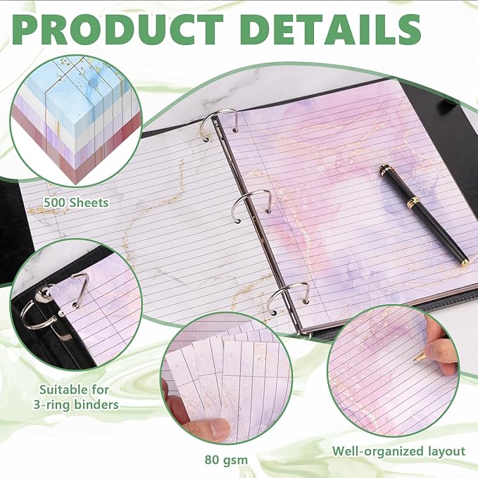 500 Sheets 8×10.5 Inch Colored Loose Leaf Paper Wide Ruled for 3-Ring Binder 11/32" Spacing Colored Marble Lined Filler Notebook Paper Wide Ruled 3-Hole Punched 80gsm for School Office