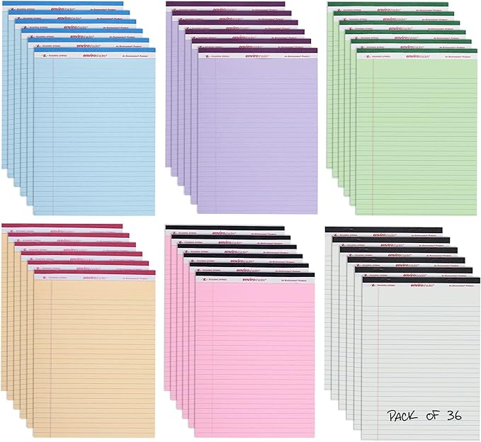 ROARING SPRING Enviroshades Assorted Colored Legal Pads, 36 Pack, Legal Ruled Recycled Writing Note Pads, 8.5" x 11", 50 Sheets, Perforated Paper, Made in USA, Memo Pad For School & Office