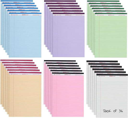 ROARING SPRING Enviroshades Assorted Colored Legal Pads, 36 Pack, Legal Ruled Recycled Writing Note Pads, 8.5" x 11", 50 Sheets, Perforated Paper, Made in USA, Memo Pad For School & Office