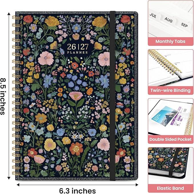 Planner 2026-2027, Academic Monthly and Weekly Calendar Planner for Women, July 2026 - June 2027, Hardcover Pretty Agenda Planner Book with Tabs, Spiral Daily Organizer for School Office Home Supplies, 6.3" x 8.5" - Garden of Whimsy