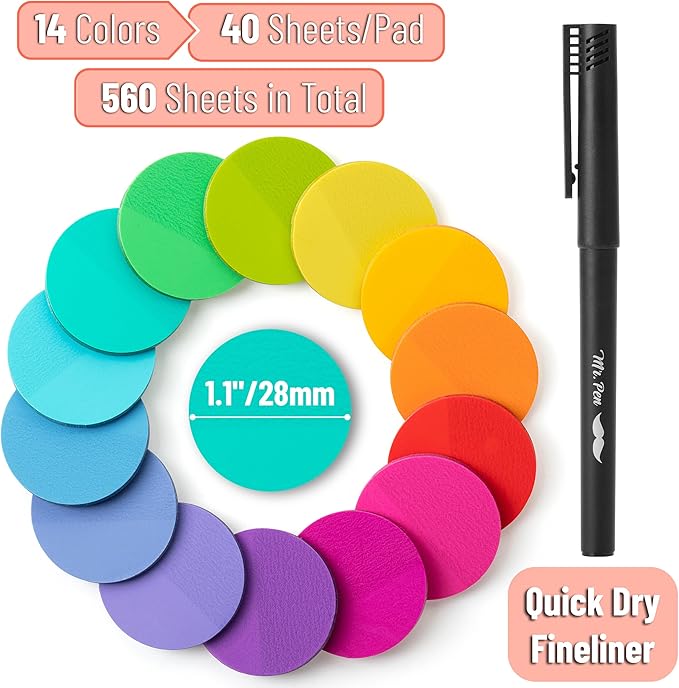 Mr. Pen- Round Transparent Sticky Notes, 1.1” Diameter, 14 Pads, 560 Sheets, Colorful, Water-Resistant See-Through Sticky Notes & Fineliner, Smooth Writing, Note Tabs for Bible Journaling, Studying