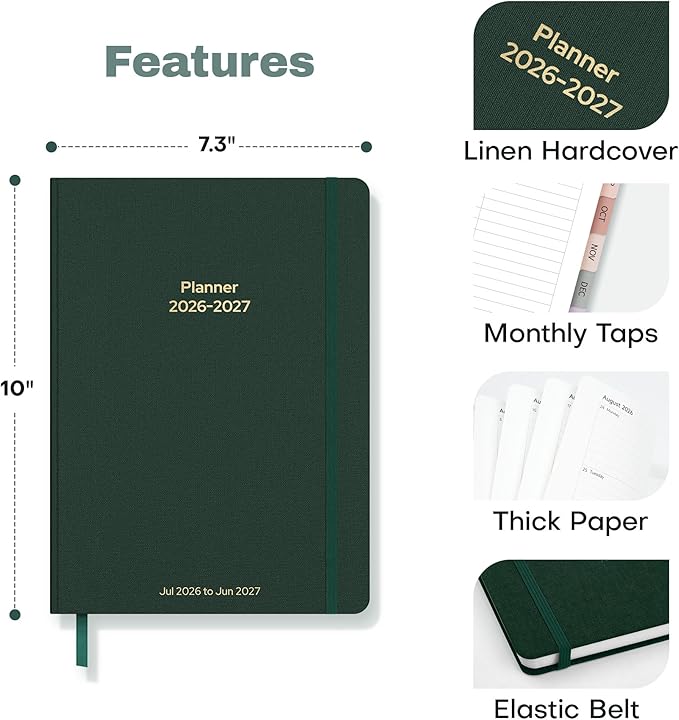 Planner 2026-2027 Monthly and Weekly Academic Planner July 2026 - June 2027, Linen Hardcover Agenda 2026-2027 Calendar Daily Planner for Student Teacher with Monthly Tabs, 7.3" x 10", Dark Green