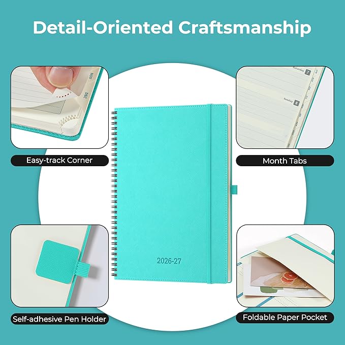 Planner 2026-2027 Daily Weekly and Monthly,11.5"x8.5",18 Months Spiral Bound Calendar Agenda with Self-adhesive Pen Holder,2026 Academic Plan with Vegan Leather Soft Cover,Light Blue