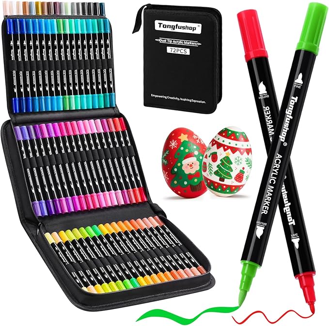 Tongfushop 72 Colors Acrylic Paint Markers, Dual Tip Acrylic Paint Pens with Brush Tip & Fine Tip, Wood Markers for Rock Painting, Wood, Canvas, Stone, Glass, Ceramic, DIY Crafts, Art Supplies