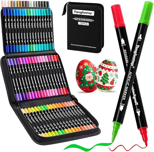 Tongfushop 72 Colors Acrylic Paint Markers, Dual Tip Acrylic Paint Pens with Brush Tip & Fine Tip, Wood Markers for Rock Painting, Wood, Canvas, Stone, Glass, Ceramic, DIY Crafts, Art Supplies