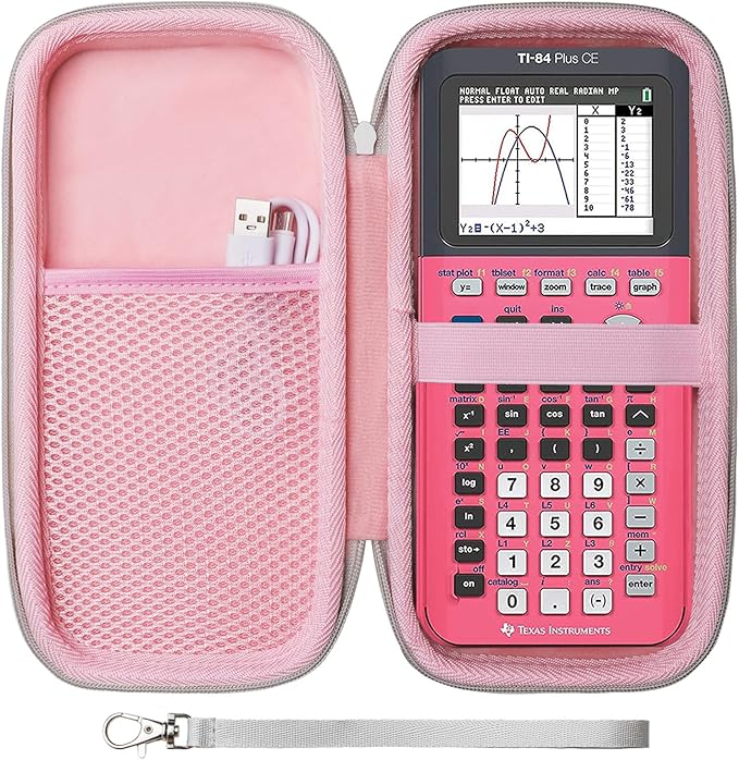 Case for Texas Instruments TI-84 Plus CE/TI-84 Evo/TI 84 Plus/TI-Nspire CX II CAS/TI-Nspire CX II Graphing Calculator, Mesh Pocket for Charging Cables, Pens and Rule(Pink)