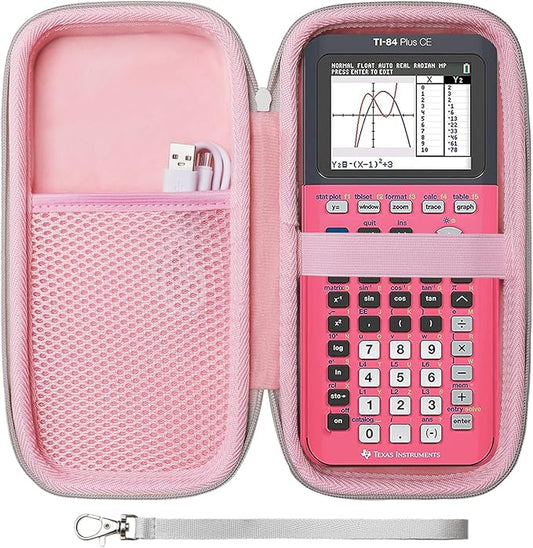 Case for Texas Instruments TI-84 Plus CE/TI-84 Evo/TI 84 Plus/TI-Nspire CX II CAS/TI-Nspire CX II Graphing Calculator, Mesh Pocket for Charging Cables, Pens and Rule(Pink)