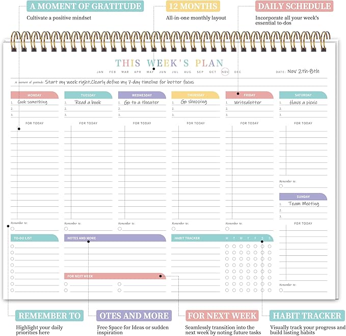 Weekly To Do List Notepad from Monday to Sunday Planning for 1 year, 8.5" x 11" Daily Planner for ADHD, Adults & Teens, Desk Schedule Journal with Habit Tracker for Work, Home, School, and Daily Chores