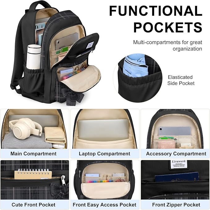 School Backpack for Teen Girls: Cute Bookbags Middle High School College Casual Back Pack 15.6 inch Laptop Backpacks Vintage Bags Women Travel Daypacks Mochilas Escolares Black
