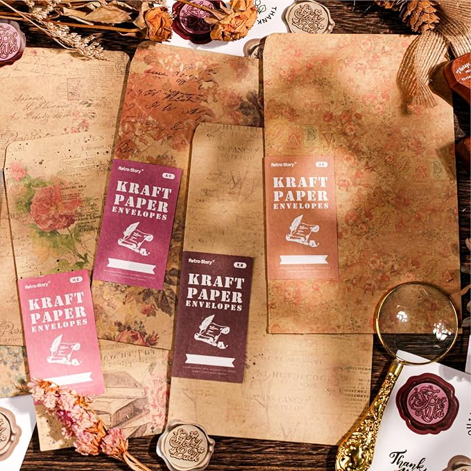 Vintage Cottagecore Fancy Envelopes - 18 Packs Antiqued Old Looking Envelopes with 24 Wax Seal Stickers for Letter, Wedding Invitations(4.3 x 6.3 inches)