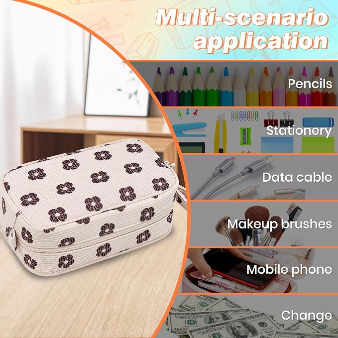Big Capacity Pencil case,Soft Corduroy Pencil Bag with 3 Compartment,Pencil Pouch School Supplies Cute Pencil Box Pencil Bag for Teen Girls Boys College (Brown Floral)