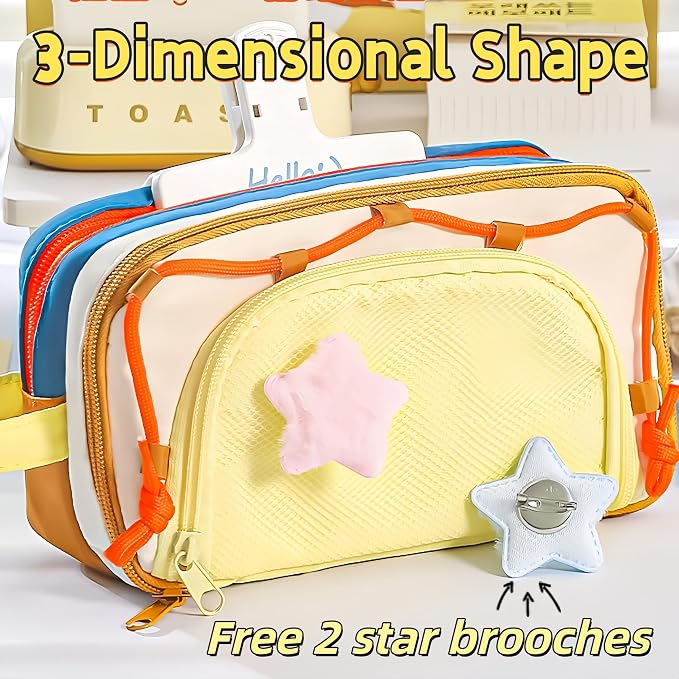 Portable Kawaii Star Pencil Case Cute Japanese Pencil Box (Blue) | With 2 Detachable Star Pins, Large Capacity Multi-Layer Storage, Korean Pastel Pencil Case, Cute Supplies Pencil Pouch Blue