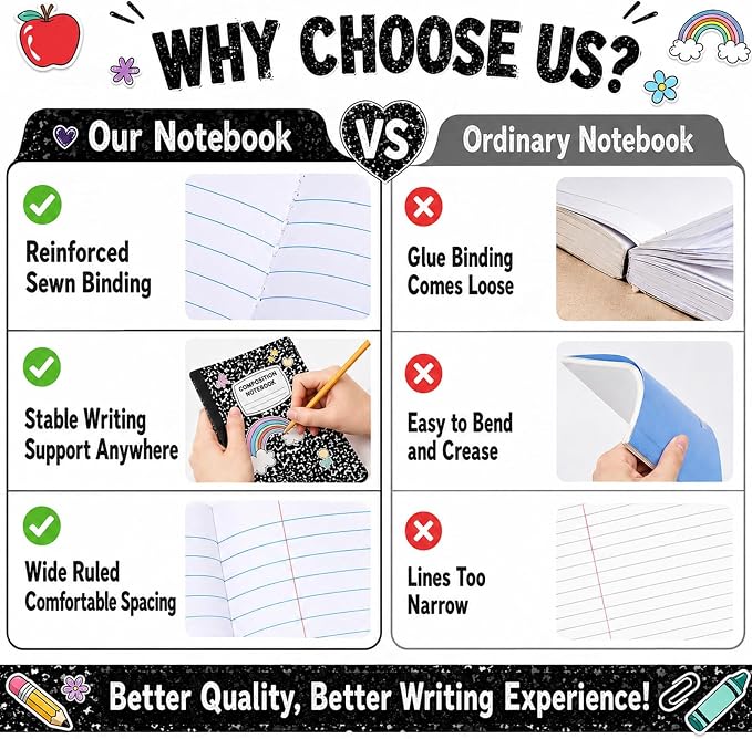 6 Pack Large Composition Notebooks Bulk 9.8 × 7.5 in Wide Ruled Hard Cover Composition Book Assorted Marble Journal College Ruled Paper for College Office Back to School Supplies(Black and White)