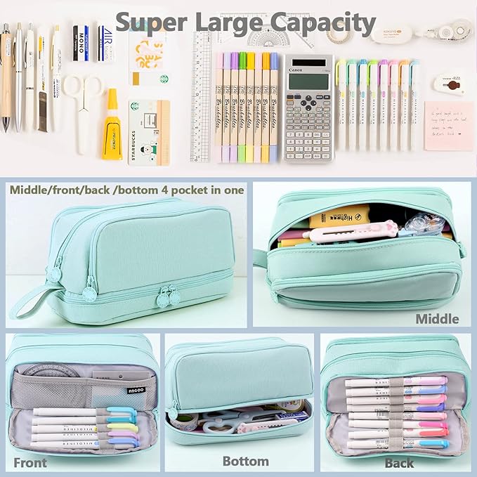 Large Capacity Pencil Case 4 Compartments, Pencil Pouch Bag with Zipper Portable Handle, Pen Case Bag Stationery Organizer for Office College School Adults Teen Girls Boys Men Women, Light Green