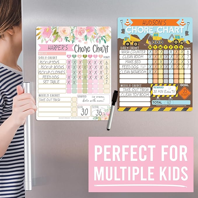 Hadley Designs Magnetic Chore Chart for Kids – Reward Chart for Kids, Dry Erase Responsibility Board for Children at Home, Fridge Behavior Tracker for Daily & Weekly Tasks, Floral Toddler Chore Board