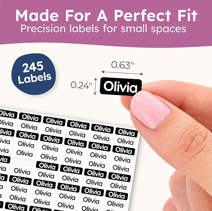 Small Custom Name Labels for Kids (245 Stickers) - Personalized & Waterproof Labels for School Supplies, Daycare, Sleepaway Camp & Clothing Tags - Black & White
