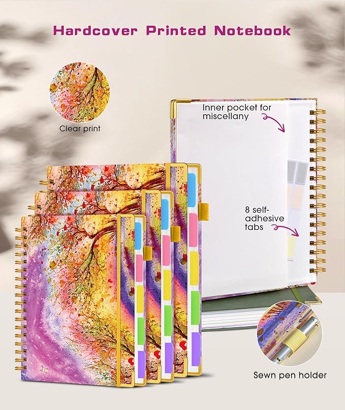 Hardcover Spiral Notebook journal with Removable Dividers Tabs, 300 Pages 5 Subject Notebook College Ruled, 100GMS Notebooks for Work School Note taking,Lined Journal for Women,A5 Autumn Tree