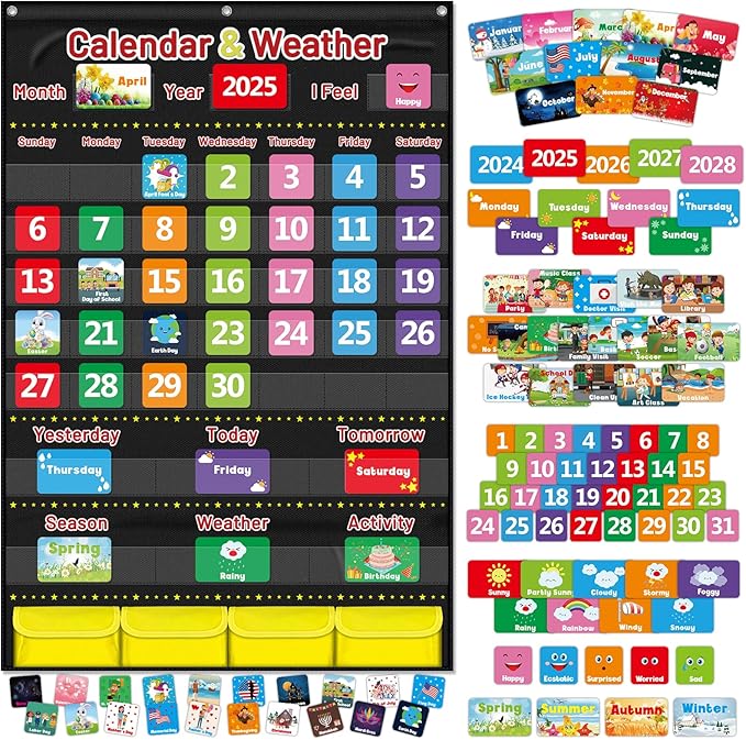 Calendar and Weather Pocket Chart for Kids Learning, Large 44.5”x28” Homeschooling Calendar Pocket Chart with 113 Cards, Teacher and Back to School Supplies