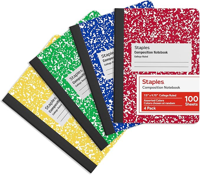 STAPLES Composition Notebook, College Ruled, 100 Sheets, Assorted Colors, 4‑Pack