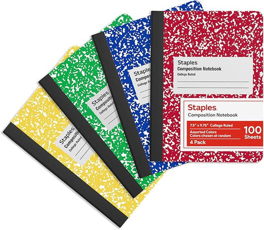 STAPLES Composition Notebook, College Ruled, 100 Sheets, Assorted Colors, 4‑Pack