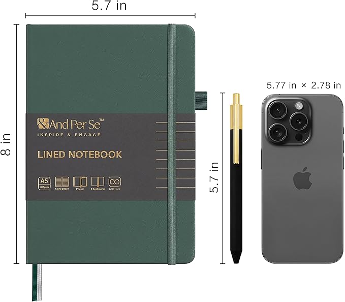 &And Per Se Lined Journal and Pen Set (3 Packs), A5 Leather Hardcover Notebook with Pen & Stationary Set, 160 Pages 100GSM Thick Ruled Paper Journal for Business Work Writing (Green)