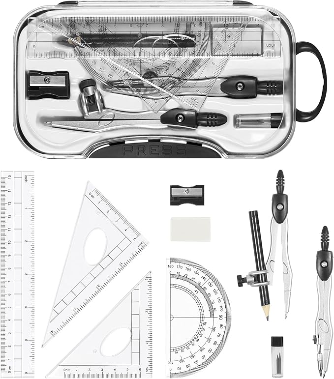 Unjoo Math Geometry Kit Sets 10 Piece Student Supplies with Shatterproof Storage Box,Includes Rulers,Protractor,Compass,Eraser,Pencil Sharpener,Lead Refills,Pencil,for Drafting and Drawings（Black）