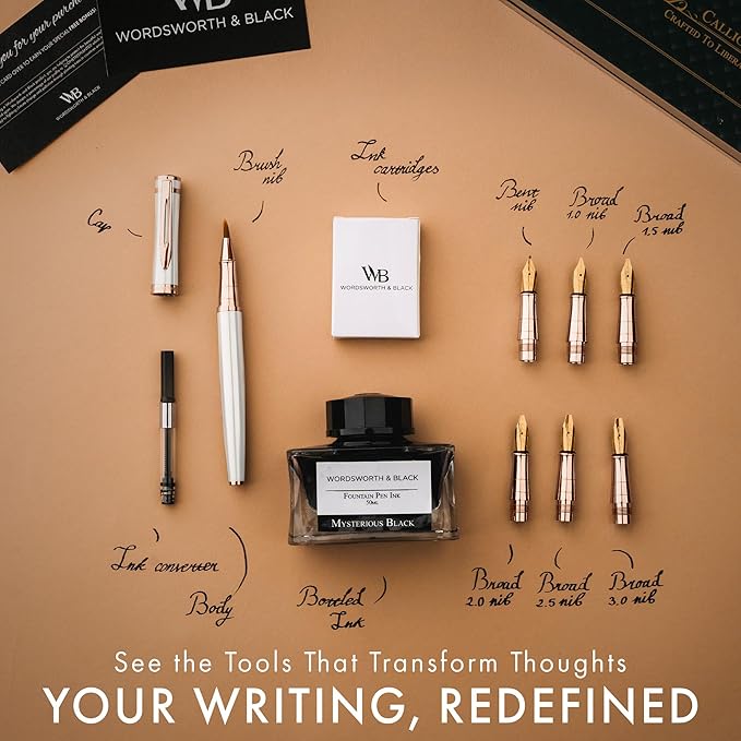 Wordsworth & Black Calligraphy Pen Gift Set, Includes Ink Bottle, 6 Ink Cartridges, A Refill Converter, 6 Replacement Nibs, Journaling, Smooth Writing Pens [White Rose Gold]