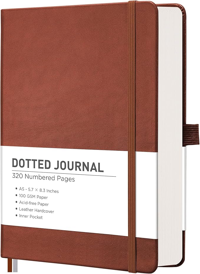 RETTACY Dotted Journal Notebook, 320 Numbered Pages, A5 Medium Size (5.7'' × 8.3''), Leather Hardcover, 100 GSM Thick Paper, for Journaling, Planning, Tracking (Brown)