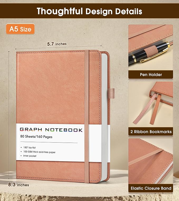 A5 Leather Hardcover Graph Paper Notebook, 160 Pages (5 Squares/Inch), 180° Lay-Flat Binding, 100 GSM Thick Paper, for Math, Engineering, Students & Technical Work (Pink)
