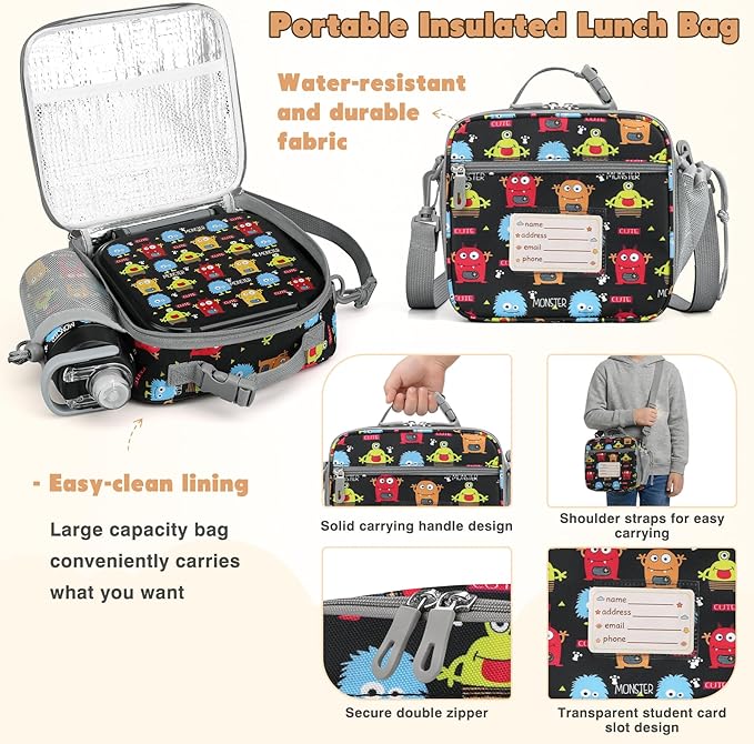 Bento Lunch Box for Kids with 7oz Soup Thermo,Insulated Stainless Steel Kids Water Bottle with Straw and Insulated Lunch Bag,Leak-Proof Lunch Food Container with Ice Pack for School (Black-Cute)