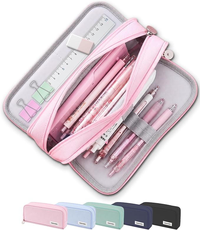 FAHZON Cute Pencil Case, 3 Large Compartments Pencil Pouch, Elastic Pen Slots&Mesh Pockets for Stationery, Pencil Bag for School Supplies with Zipper for Girls Boy Women Teens Adults-Pink