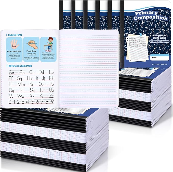Watersay 60 Pack Primary Ruled Composition Notebook, Grade K-2 Journal 50 Sheets, 7-1/2" x 9-3/4" Primary Composition Book Writing Notebook for Kids Kindergarten Preschool 1st 2nd Grad (Blue)