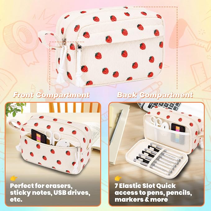 Big Capacity Pencil case,Soft Corduroy Pencil Bag with 3 Compartment,Pencil Pouch School Supplies Cute Pencil Box Pencil Bag for Teen Girls Boys College (Strawberry)