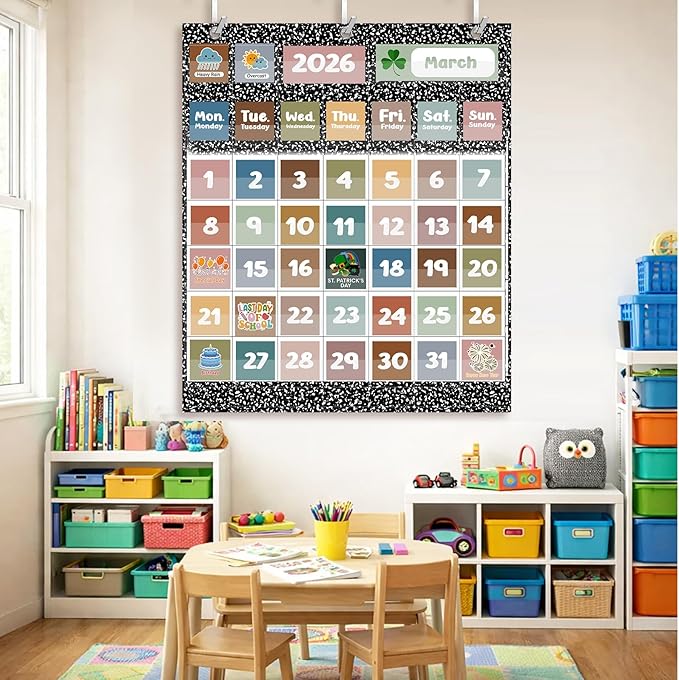 Tinlade Classroom Calendar Pocket Chart Set with 115 Cards 24 x 28 Inch Modern Minimalist Calendar Bulletin Board Pocket 2026–2033 Festival Weather Teacher Supplies for Classroom Wall Decoration