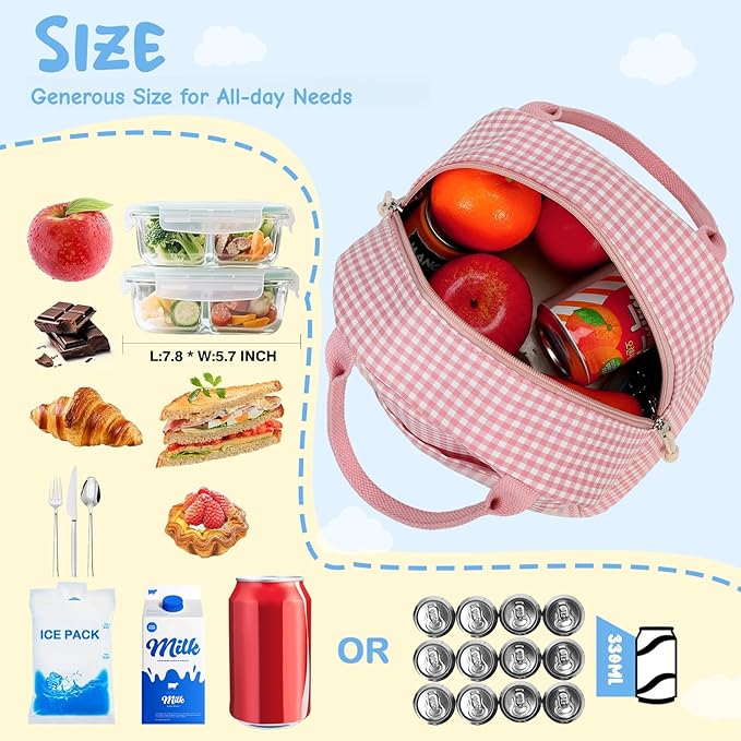 CAMTOP Lunch Box Kids Insulated Lunch Bag Large Reusable Leakproof Cooler Lunch Bags for Boys Girls School Travel Picnic (Pink and White Checkered)