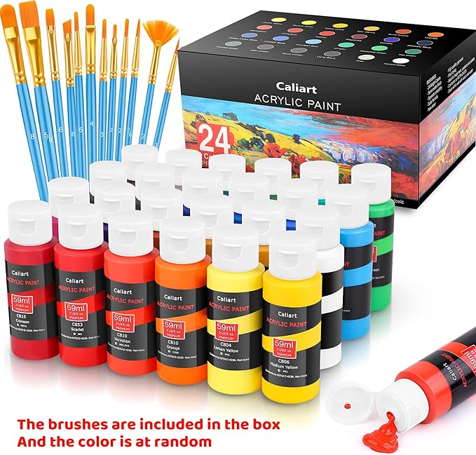 Caliart Acrylic Paint Set with 12 Brushes, 24 Colors Wood Craft Paints for Adults Kids Artists Beginners, Rich Pigments Non-toxic, Halloween Pumpkin Canvas Ceramic Rock Painting Kit Art Supplies
