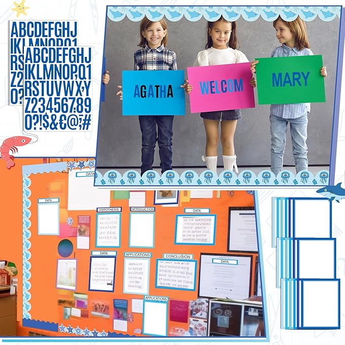 Sinload 92 Pcs Science Fair Board Supplies 60 Trim Scalloped Poster Boards 18 Presentation Subtitles 6 Project Titles 8 Letter Sticker for Classroom Display Boards (Blue,Ocean)