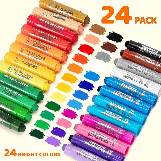 Toidgy Tempera Paint Sticks, 24 Classic Colors, Washable Solid Paint Sticks for Kids Toddlers, Painting Art Supplies for Classroom School Students, Non-Toxic, Quick Drying, Back to School Supplies