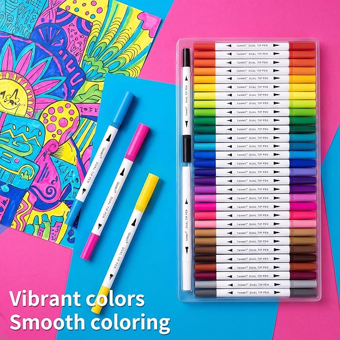 36 Dual-Tip Brush Pens for Adult Coloring Books – Tanmit Art Markers With Brush + Fine Precision Tips for Calligraphy, Planners, Journaling, Note Taking & More