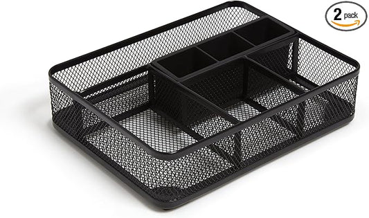 TRU RED Mesh Drawer Organizer, 7‑Compartment, Matte Black, 2‑Pack – Desk & Drawer Storage for Office Supplies